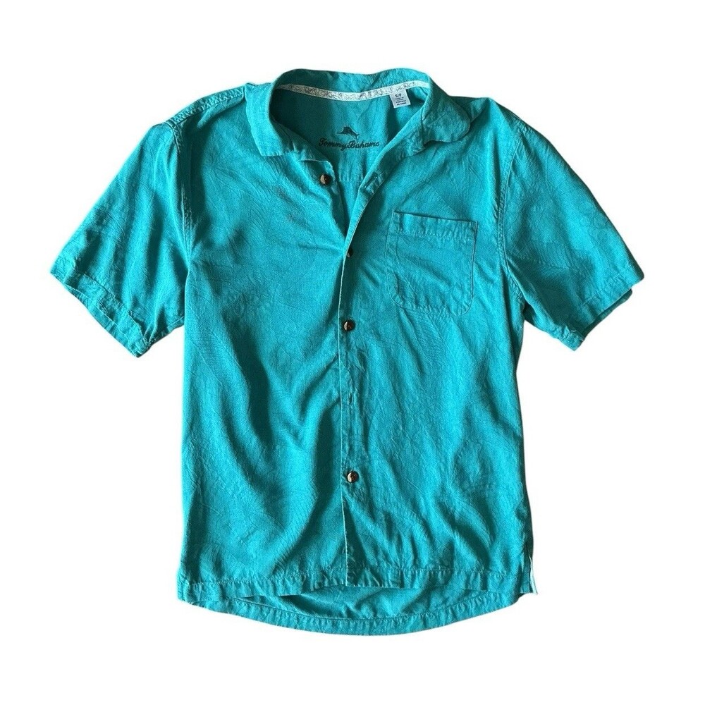 Tommy Bahama Men’s 100% Silk Turquoise Tropical Short Sleeve Button-Up Shirt S